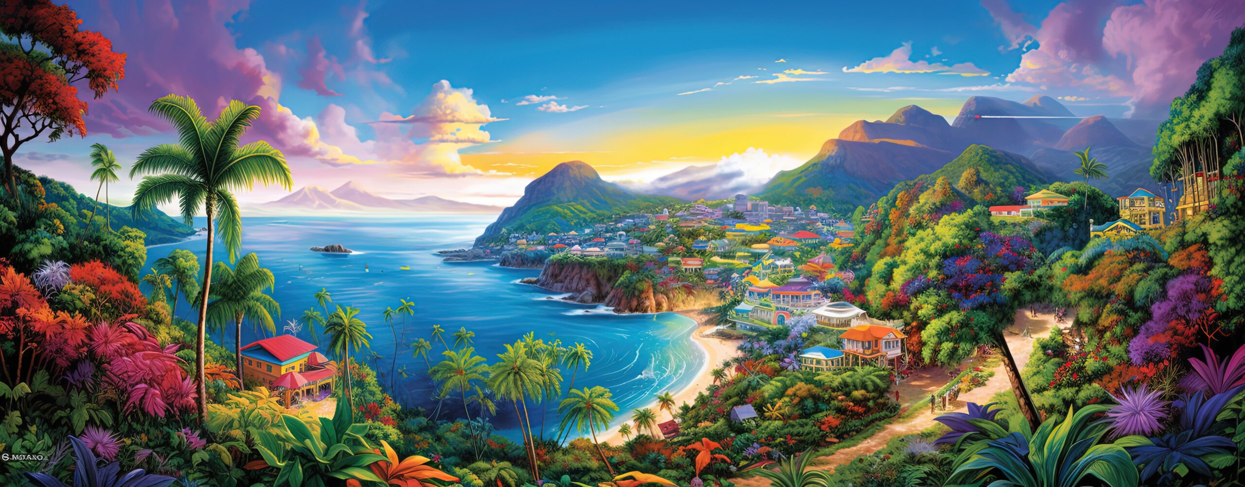 Illustrated tropical coastline at sunrise